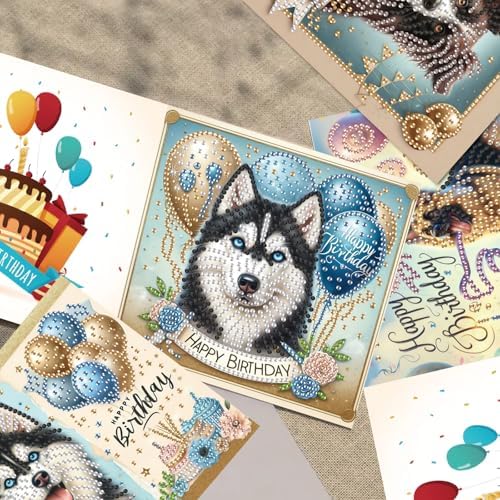 TDFERAN Diamond Painting Dog Birthday Card 6 Set Husky Cards Art Work Crystal Puzzle Dog Birthday Party Diamond Balloon Invitation Animal Party Holiday Event Cards Card for All Occasions - Image 5