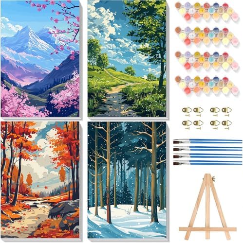 4 Pack Framed Paint by Numbers Kit for Adults Beginners, Four Season 8x12in by Arttoplus
