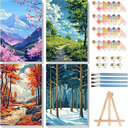 4 Pack Framed Paint by Numbers Kit for Adults Beginners, Four Season 8x12in by Arttoplus