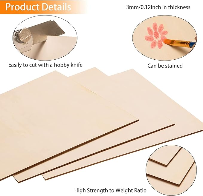 12 Pack Basswood Sheets for Crafts-16 x 16 x 1/8 Inch- 3mm Thick Plywood Sheets with Smooth Surfaces-Unfinished Squares Wood Boards for Laser Cutting, Wood Burning, Architectural Models, Staining