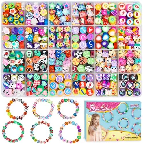Gionlion 500 Pcs Polymer Clay Beads Bracelet Making Kit，24 Style Animal Fruit Flower Butterfly Bunny Pony Letter Beads Charms for Jewelry Making, DIY Art and Crafts Toys Gifts for 4+ Year Old Kids by Gionlion