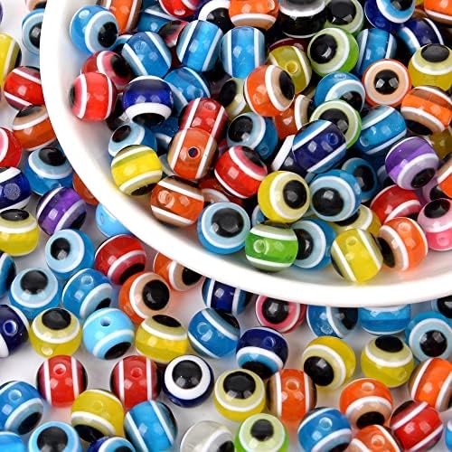 200pcs Sphere Round Evil Eye Beads Handmade Resin Lampwork Beads 8mm Charms Spacer Bead with Elastic Rope for Bracelets Necklace Jewelry Craft Making (Sphere Round Multicolor) by LUBINGSHINE