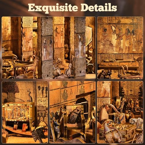 fifijoy Book Nook Kit - DIY Miniature House Dollhouse Kit for Adults and Teens, 3D Wooden Puzzle Booknook Build Bookshelf Decor with LED Light, Gifts for Family and Friends (Egyptian Pharaoh's Tomb) - Image 3