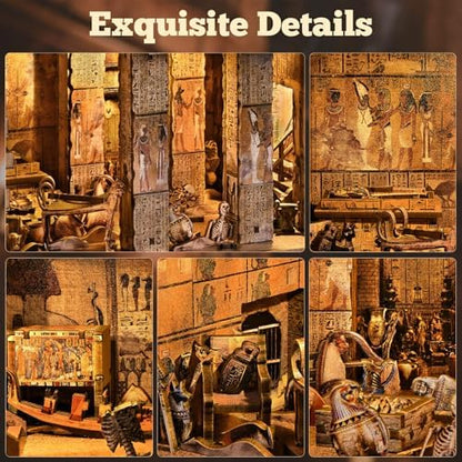fifijoy Book Nook Kit - DIY Miniature House Dollhouse Kit for Adults and Teens, 3D Wooden Puzzle Booknook Build Bookshelf Decor with LED Light, Gifts for Family and Friends (Egyptian Pharaoh's Tomb) - Image 3