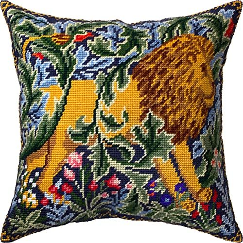 Brvsk Classic Embroidery Kit for Adults and Beginners — Lion by William Morris 16″ × 16″ with Clear, Precise Printed Design on Cotton Canvas; Includes 2 Needles, Yarn, and Easy-Read Chart by Brvsk