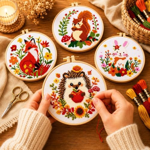 Zhenqing 4 Pack Woodland Animal Stamped Cross Stitch Kit, 11CT Printed Fox Squirrel Hedgehog Bunny Patterns with Hoop and Tools for Adults and Beginners - Image 4