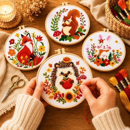 Zhenqing 4 Pack Woodland Animal Stamped Cross Stitch Kit, 11CT Printed Fox Squirrel Hedgehog Bunny Patterns with Hoop and Tools for Adults and Beginners - Image 4