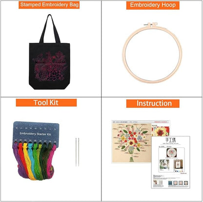 KABAKE Canvas Tote Bag Embroidery Kit, Embroidery Kits for Beginners, Arts and DIY Crafts Embroidery Starter kit, Include Stamped Embroidery Bag, Threads, Embroidery Tools (Black Bag with Floral)