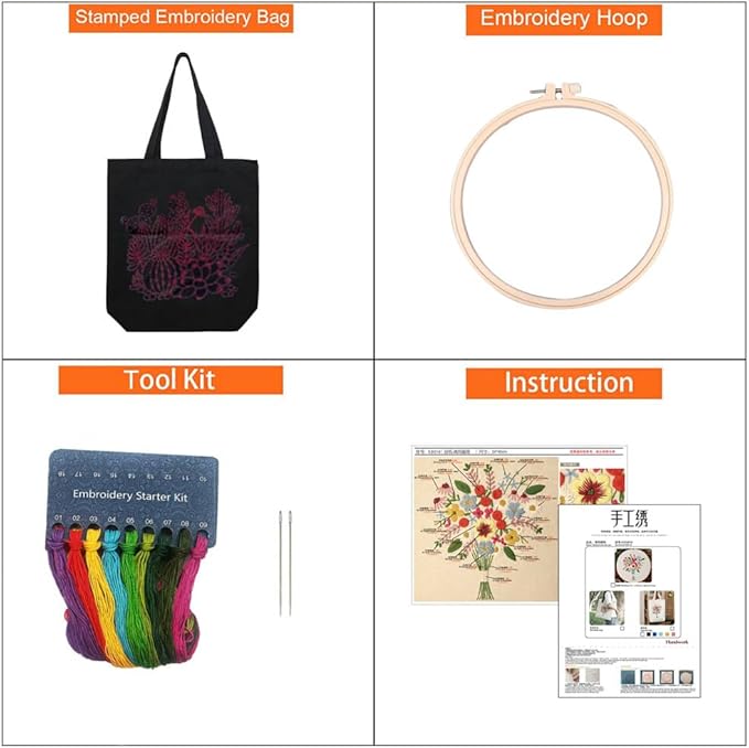 KABAKE Canvas Tote Bag Embroidery Silk Ribbon Kit for Beginners, Arts and DIY Crafts Starter Kit, Includes Stamped Bag, Threads, Tools (Black with Sunflower)