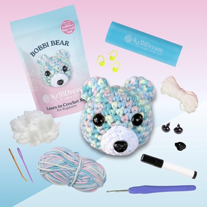 KelliDream Magic Circle Tool Inclusive Learn to Crochet Kit for Beginners; Step-by-Step Video Tutorials; All Supplies to Make Cute Amigurumi (Bear)