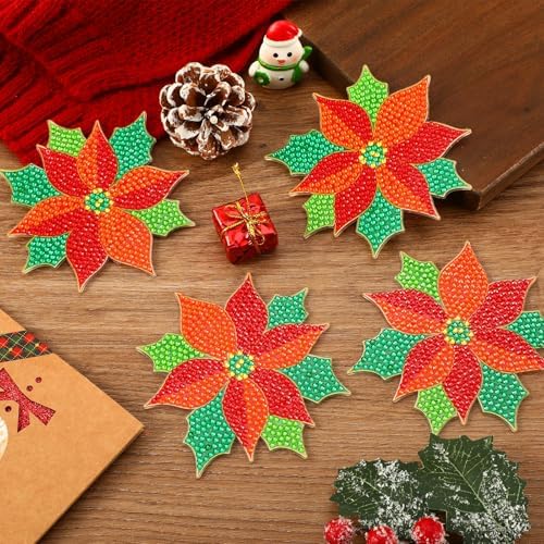UPINS 8Pcs Christmas Diamond Art Painting Coaster Kit, Poinsettia Coaster Christmas Red Flower Coasters with Holder for Xms DIY Crafts Gifts Holiday Home Kitchen Table Decor - Image 4