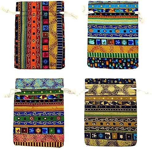 24pc Egyptian Style Jewelry Coin Pouch Print Drawstring Gift Bag Cotton Sachet Candy Travel Purse Ethnic Reusable Grocery for Party Favors Wedding Holiday