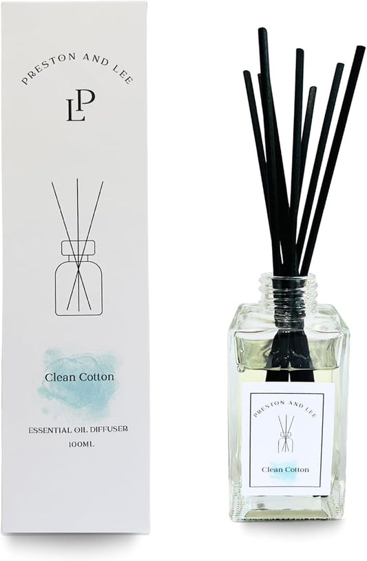 Preston and Lee Reed Diffuser Set | 100 ml (3.4 fl oz) Clean Cotton Scent | Reed Diffuser Set | Aromatherapy Diffusers | Natural Reed Diffuser Oil for Home and Spa Fragrance