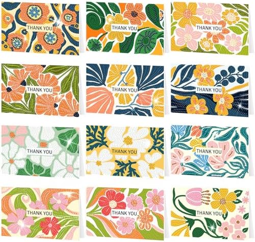 Saillong 12 Pack Thank You Diamond Painting Greeting Card Kit DIY Spring Flower Diamond Art Cards with Envelope Teacher Appreciation Gift 5D Rhinestones Painting Making Kit for Adult Teacher DIY Craft by Saillong