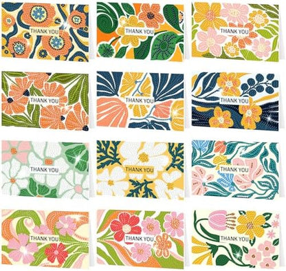 Saillong 12 Pack Thank You Diamond Painting Greeting Card Kit DIY Spring Flower Diamond Art Cards with Envelope Teacher Appreciation Gift 5D Rhinestones Painting Making Kit for Adult Teacher DIY Craft by Saillong