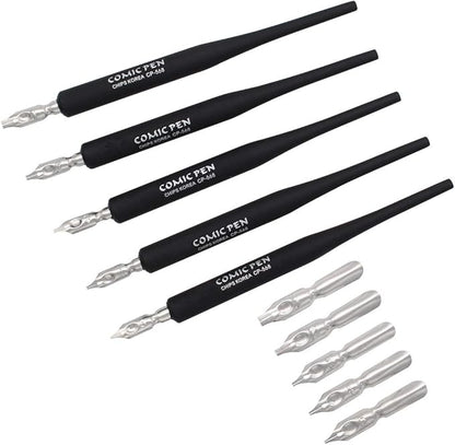 SIPLIV Plastic Professional Manga Gothic Pen Dip Pen Set with 5 Nibs Manga Calligraphy Drawing Pen Kit - 5 Pcs, Black