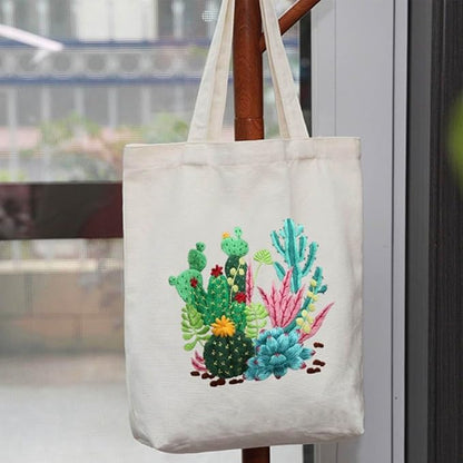 KABAKE Canvas Tote Bag Embroidery Kit for Beginners, Arts and DIY Crafts Starter Kit, Includes Stamped Bag, Threads, Tools (Beige With Cactus)