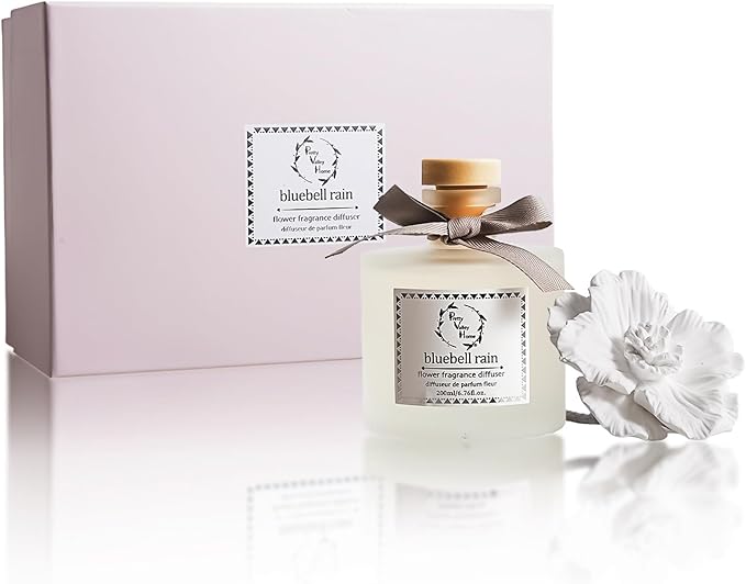 Pretty Valley Home Reed Diffuser Sets, 6.76 Fl. Oz / 200ML Ceramic Diffuser Flower Gift Box, Home Reed Diffuser for Bathroom Office Bathroom Living Room Decor (Bluebell RAIN White)