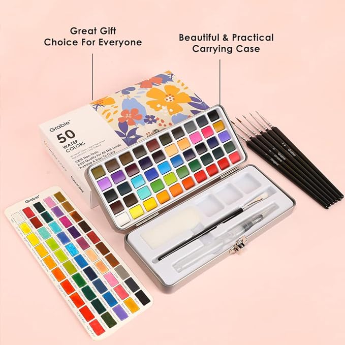 Grabie 50 Colors Watercolor Paint Set, Detail Paint Brush Included, Watercolor Paints, Painting Sets, Art Supplies for Painting, Travel Watercolor Set, Amateur Hobbyists