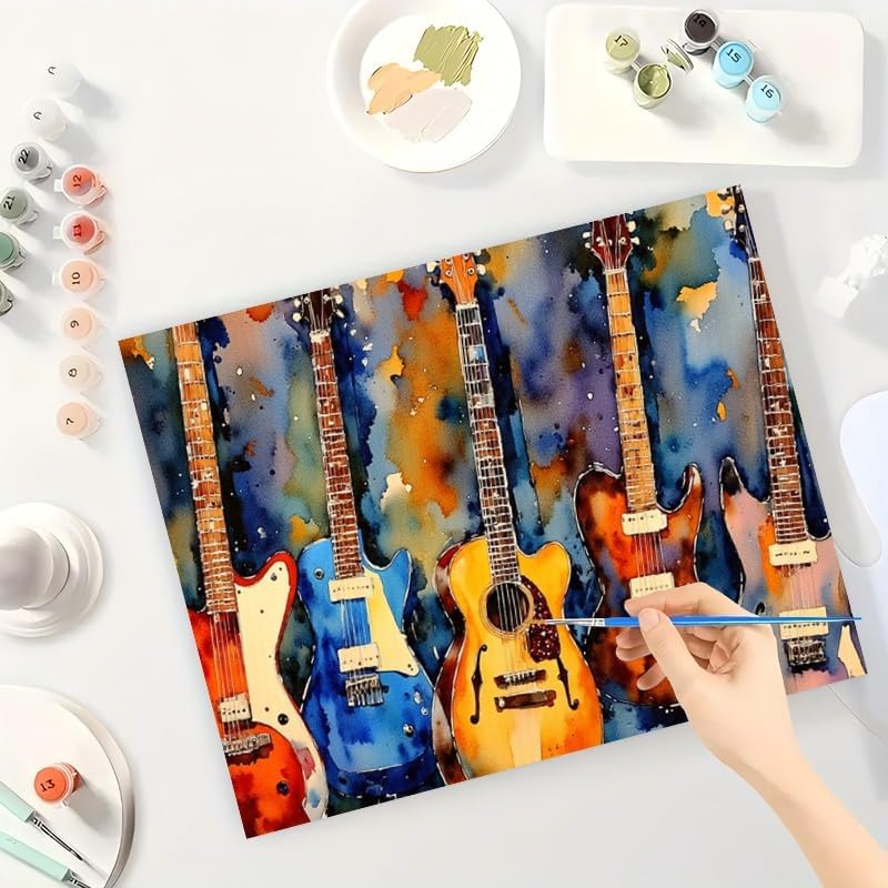 Music Paint by Numbers Kit for Adults - DIY Colorful Guitar Collection Painting on Canvas, Acrylic Paint Set, Suitable for Beginners, Art for Home Decoration or Gifts(12X16IN Framed) - Image 3