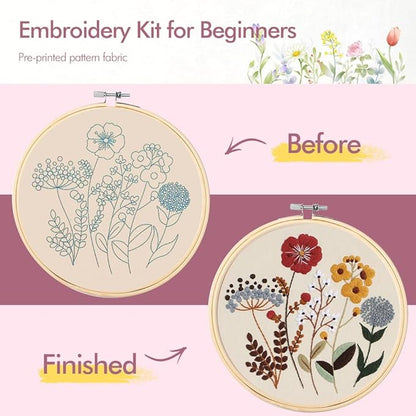 wtisan Embroidery Kit, 4 Sets Embroidery Kit for Beginners with Stamped Flower Pattern, Cross Stitch Starter Kits for Adults Hand Craft Lover with Embroidery Hoop, Instructions and Threads