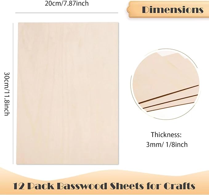 AWIZOM 12 Pack Basswood Sheets for Crafts-12 x 8 x 1/8 Inch- 3mm Thick Plywood Sheets with Smooth Surfaces-Unfinished Wood Boards for Laser Cutting, Wood Burning, Architectural Models, Staining