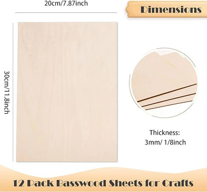 AWIZOM 12 Pack Basswood Sheets for Crafts-12 x 8 x 1/8 Inch- 3mm Thick Plywood Sheets with Smooth Surfaces-Unfinished Wood Boards for Laser Cutting, Wood Burning, Architectural Models, Staining