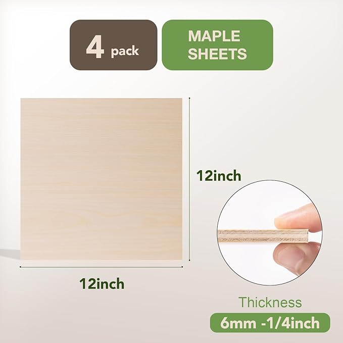 ROBOTIME 4-Pack 6mm Maple Plywood for Laser Cutting -12 x 12 x 1/4 Inch - Laser Engraving Blanks