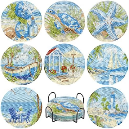 hkejoi 8 Pcs Beach Diamond Art Coasters Kit for Adults, Beach Diamond Painting Coasters with Holder, 5D Gem Art DIY Crafts Diamond Dots for Gift Life by hkejoi