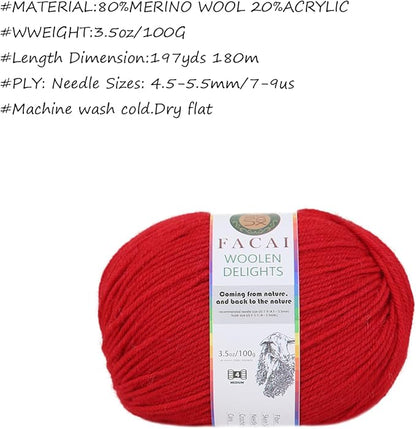 Facai Blend Merino Wool Yarn for Knitting - Worsted Weight,197yds (3.5oz) Ball, Ideal for Sweaters, Scarves, and Accessories (3, Hot red)