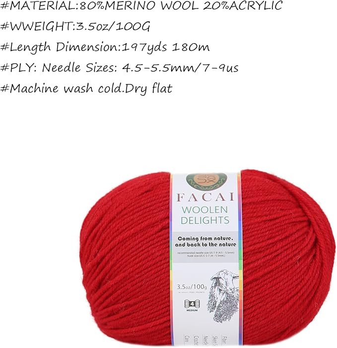 Facai Blend Merino Wool Yarn for Knitting - Worsted Weight,197yds (3.5oz) Ball, Ideal for Sweaters, Scarves, and Accessories (1, Hot red)