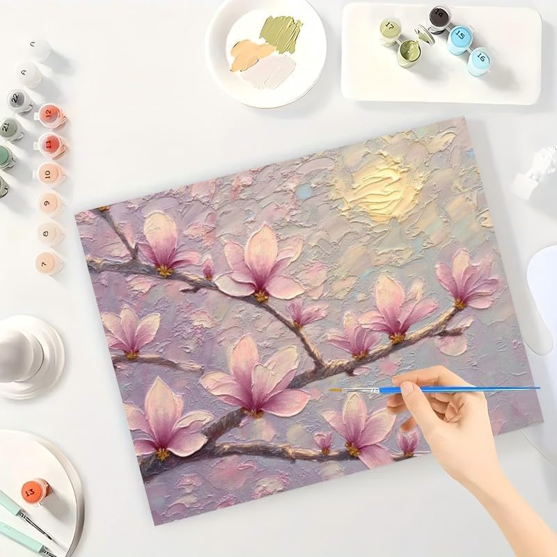 Cherry Blossom Paint by Numbers Kit for Adults - DIY Moonlit Floral on the Branches Painting on Canvas 16x20In, Framed Acrylic Paint Set, Suitable for Beginners, Art for Home Decoration or Gifts - Image 3
