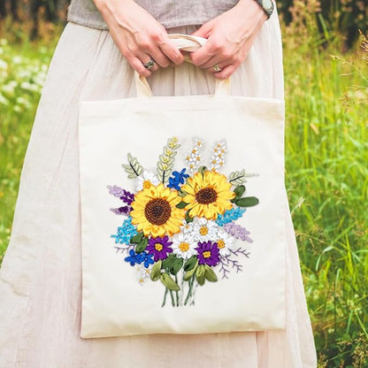 Canvas Tote Bag Silk Ribbon Embroidery Kit for Beginners, Arts DIY Crafts Starter kit, Include Stamped Bag Threads Hoop