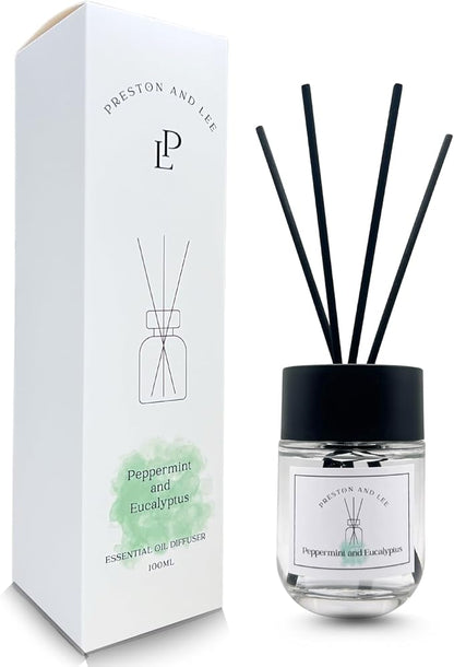 Preston and Lee Reed Diffuser Set | 100 ml (3.4 fl oz) Peppermint and Eucalyptus Scent | Reed Diffuser Set | Aromatherapy Diffusers | Natural Reed Diffuser Oil for Home and Spa Fragrance