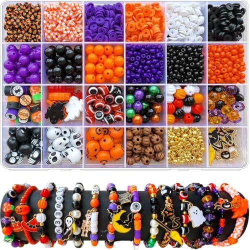 XBYzuzi 2600Pcs Halloween Beads for Bracelets Jewelry Making Kit, Orange Black White Purple alloween Polymer Clay Beads Pumpkin Evil Eye Skull Bead with Ghost Spider Charms for DIY Craft Earring by Unknown
