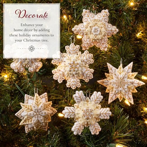 Bucilla Felt Applique 6 Piece Ornament Making Kit, Pearl Snowflakes, Perfect for Holiday DIY Arts and Crafts, 89682E - Image 4