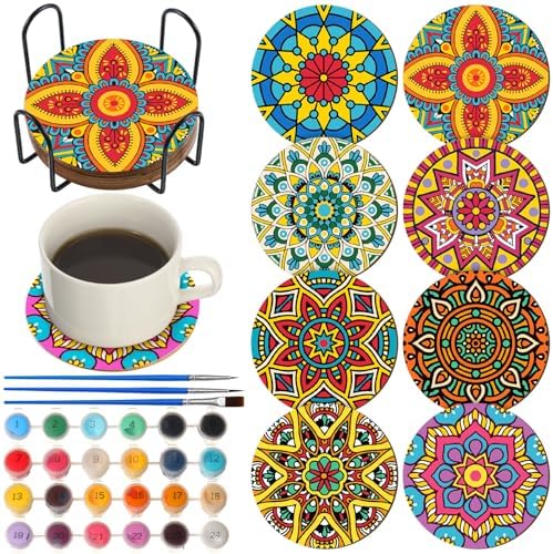 Reallnaive 8 Pcs Mandala Paint by Numbers Kit for Adults Wooden Coasters by Reallnaive