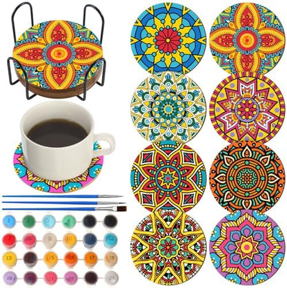 Reallnaive 8 Pcs Mandala Paint by Numbers Kit for Adults Wooden Coasters by Reallnaive
