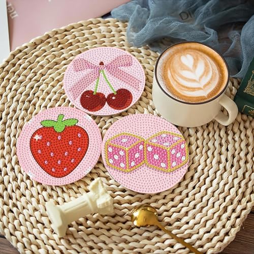 8 Pcs Diamond Art Coasters with Holder, Pink Cute Diamond Painting Kits for Adults Beginners, Non-Slip Gem Art Coasters for Home Decor Gift - Image 5