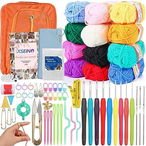 XSEINO Crochet Kit with Step-by-Step Video Tutorials，Premium Bundle Includes 12 Roll x50Yard Acrylic Yarn Balls, 12 Crochet Hooks, Crochet Bag and All Accessories Kit, Crochet Kit for Beginners by XSEINOiscreating%EF%BC%81