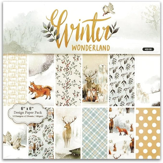DESEACO Winter Woodland Scrapbook Paper Pad 6x6 Inch – 24 Sheets (12 Double-Sided Designs) | Deer, Fox, Polar Bear, Plaid & Holiday Pattern Cardstock for Card Making, Scrapbooking & Junk Journals