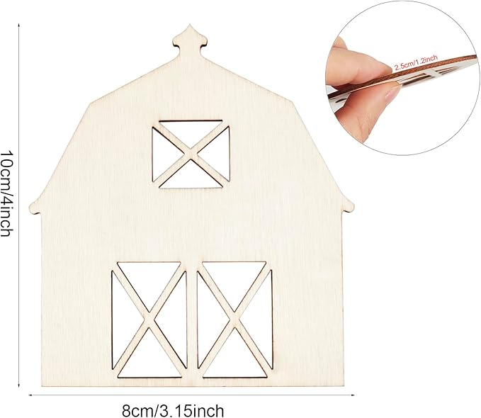 30 Pack 4 Inch Wood Barn Cutouts Unfinished Wood Barn Crafts Wooden Barn Hanging Ornaments DIY Barn Craft Gift Tags for Home Party Decoration