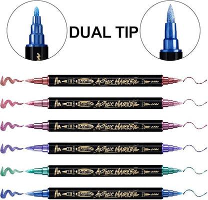 TRANSON 12Colors Metallic Paint Markers Brush and Fine Dual-tip for Rock Wood Ceramic Canvas DIY Painting Drawing