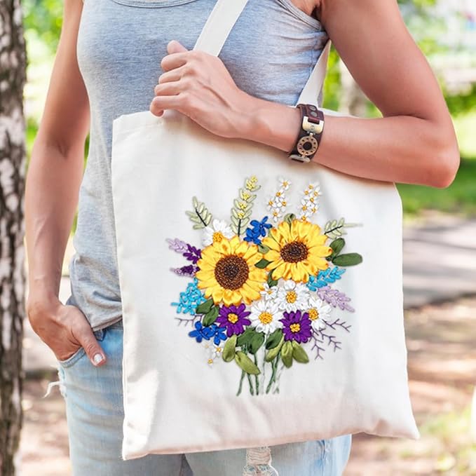 Canvas Tote Bag Silk Ribbon Embroidery Kit for Beginners, Arts DIY Crafts Starter kit, Include Stamped Bag Threads Hoop
