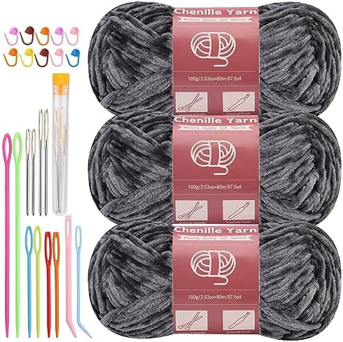 LUNARM Chenille Yarn 3 Pack 3.5oz Chunky Blanket Velvet Yarn 263 Yard by Lunarm