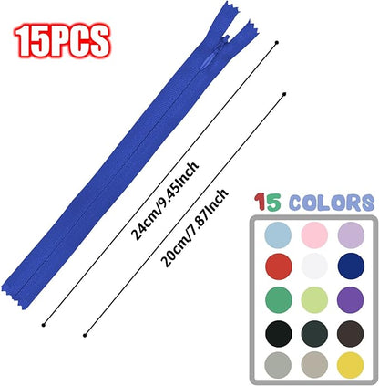 Invisible Zipper, DOITEM 15pcs 20cm/8 Inch Invisible Multicolor Nylon Coil Zippers for Sewing and Crafts 15 Colors