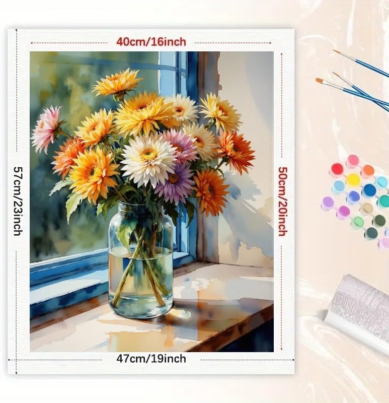 Floral Still Life Paint by Numbers Kit for Adults - DIY Colorful Gerbera Daisies in Jar by Window Painting on Canvas 16x20 Inches, Acrylic Paint Set for Beginners, Art for Home Decoration or Gifts - Image 2