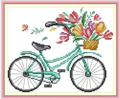 Qeerysew Cross Stitch Kits Stamped Full Range of Embroidery Starter Kits for Beginners DIY-Printed Kits Romantic Bike (Winter)(Printed) 13.8x11inches