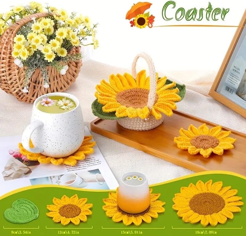 Beginner Crochet Kits, 5-Piece Sunflower Coaster Set, Plant Crochet kit, Adult Crochet Beginner Kits, with Step by Step Guide Video, Sunflower Crochet Material Tool - Image 3