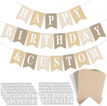 Mooliwe 171 Pcs DIY Custom Banner Kit Make Your Own Customizable Sign for Birthday Wedding Party Decoration Include 20 Paper Pennant 148 Letters and Numbers 1 Rope 2 Threading Device(Beige)